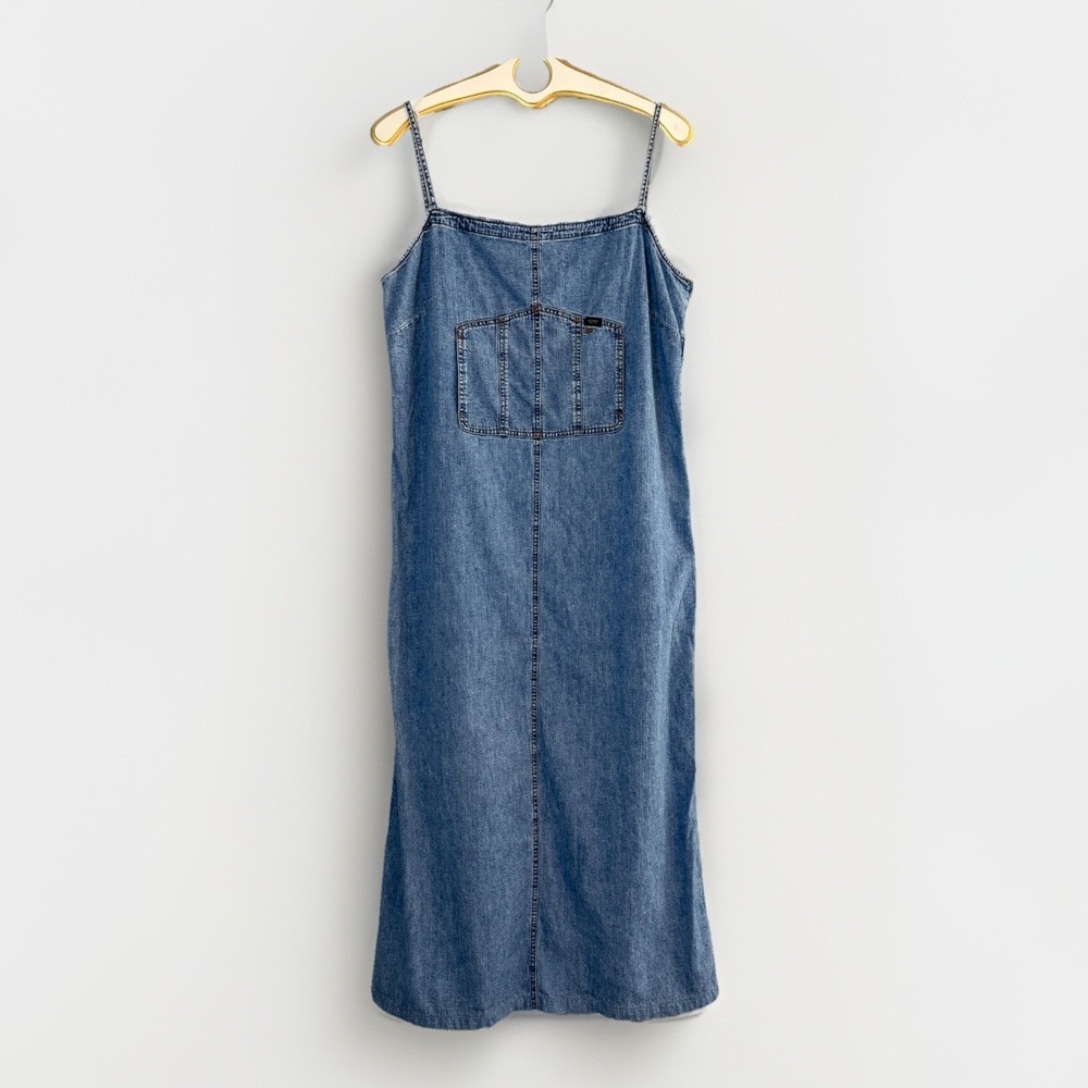 Vintage 90s Ralph Lauren Jeans Co Denim Overall Midi Dress Womens L Bib Pocket